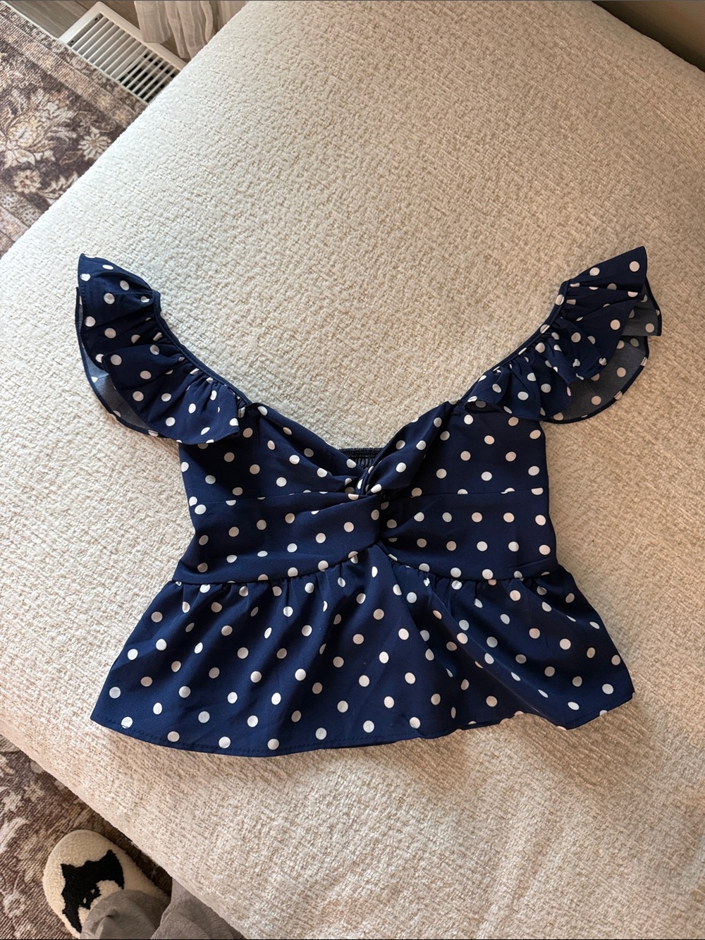 Navy Polka Dot Ruffle Peplum Top